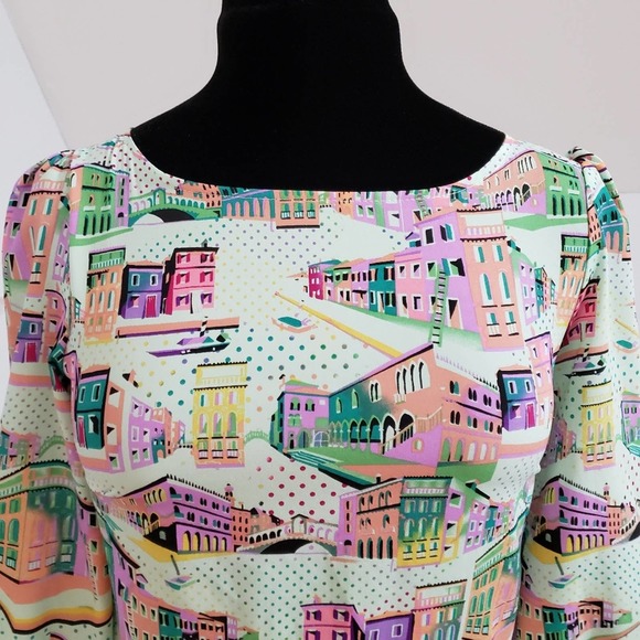 Pink Owl Vibrant Colorful City Scene 3/4 Sleeve Top Small - Picture 5 of 11